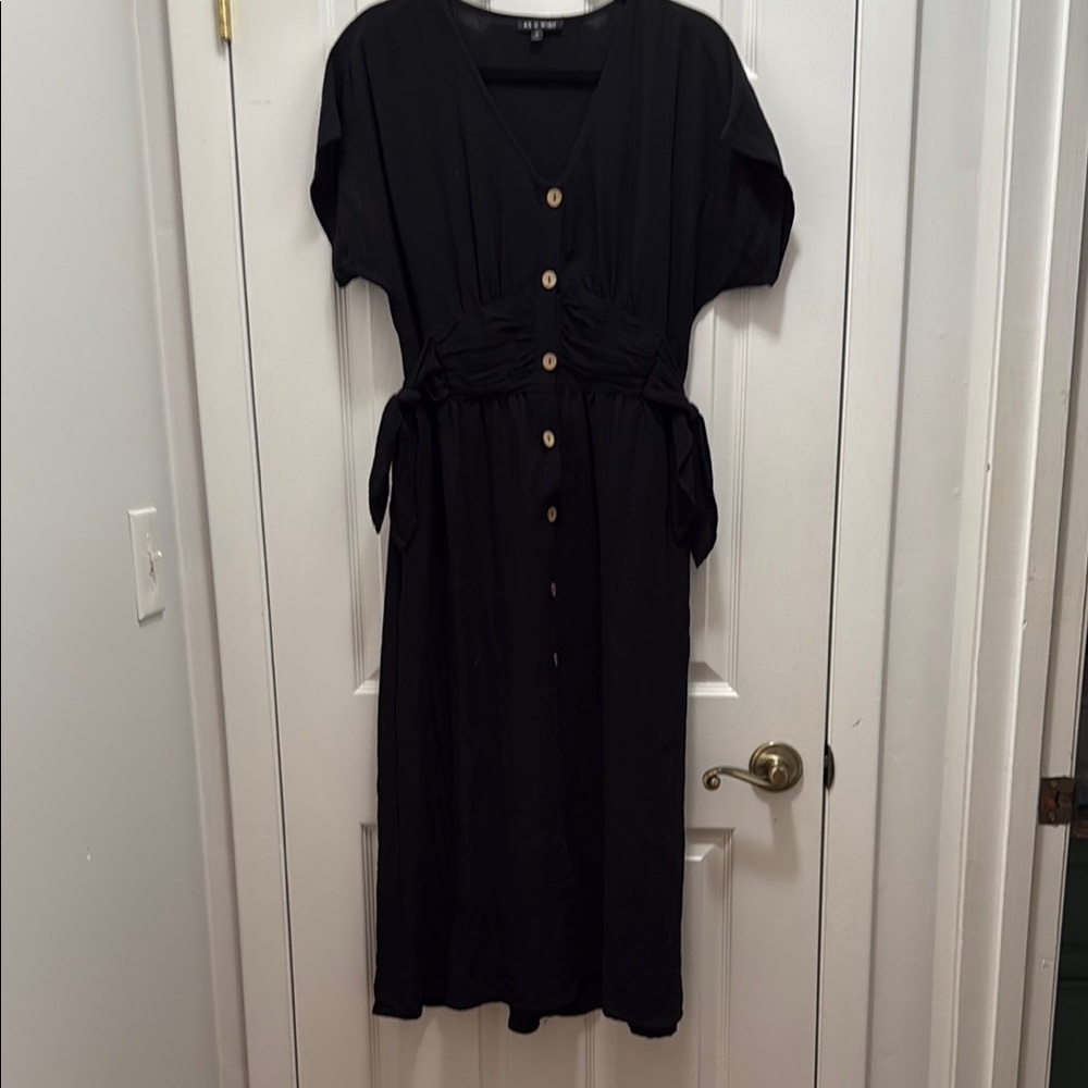 As U Wish Black Buttoned Tie Front Midi Dress